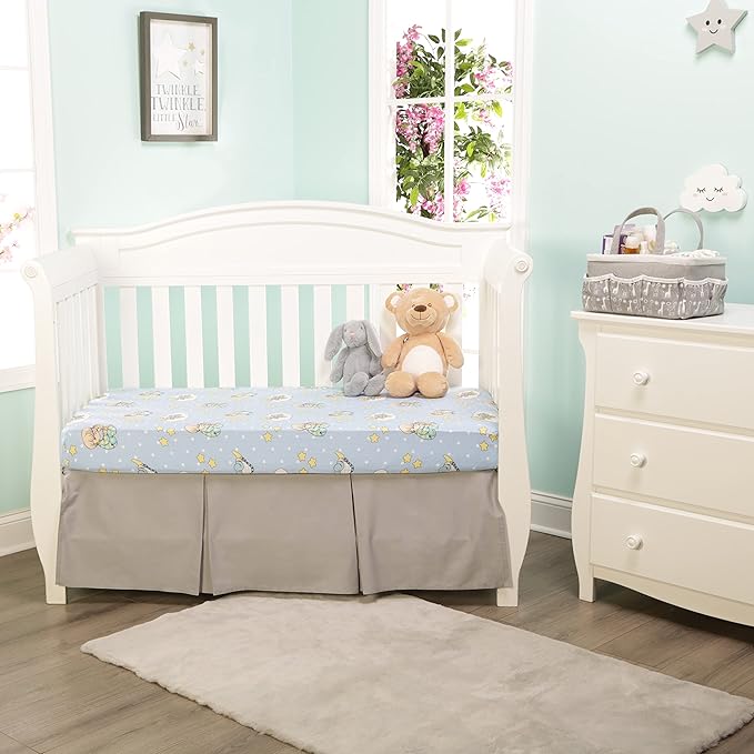 2 Pack Fitted Crib Sheets for Boys in 100% Jersey Knit Cotton – Blue and Yellow Precious Moments Design Plus Solid Gray Boy’s Crib Mattress Sheets by Everyday Kids