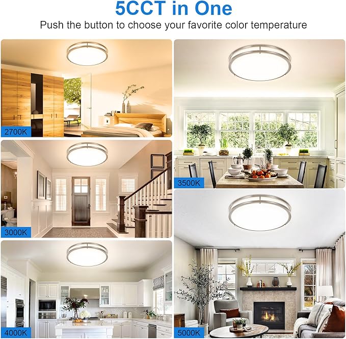 DLLT Flush Mount LED Ceiling Light: 16 Inch 5CCT (3000K-6000K) & Dimmable Ceiling Light Fixtures for Bedroom Hallway - 36W Modern Brushed Nickel Super Bright Kitchen Lighting Fixtures Ceiling
