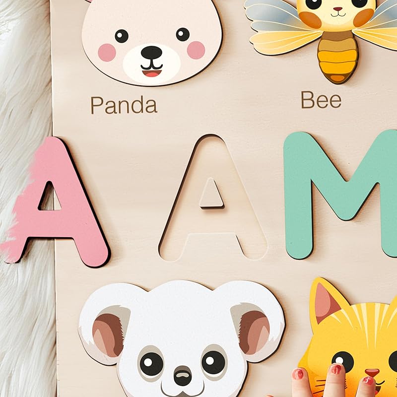 Custom Baby Name Puzzle with Animals, Baby Girl and Boy Gift, Personalized Puzzles for Toddlers, 3 6 9 12 15 18 24 36 Months Toy, Custom Baby Gift, Boy and Girl Personalized Wood Toy, Christmas Gift