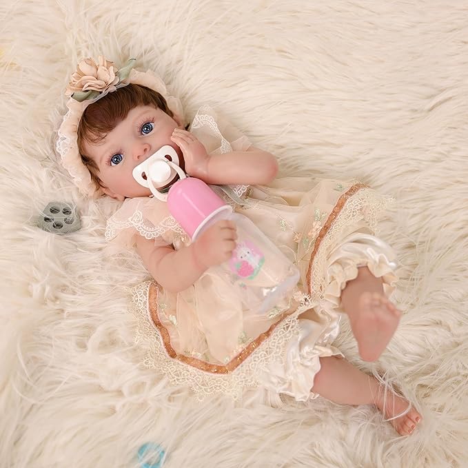 20-Inch Lifelike Reborn Baby Doll, Realistic Baby Doll with Cute Skirts, Poseable Smiling Full-Body Vinyl Baby Dolls for 3+ Years Old Kids Name Rosalie (Champagne (Open Eyes))