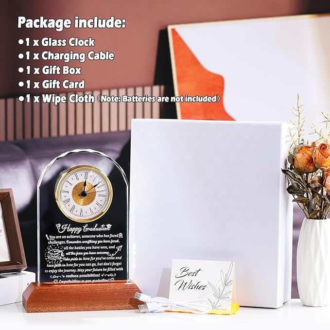 Glass Clock Graduation Gifts for Women Men with Wooden Light Base Class of 2025 Graduation Keepsakes for Her Him Inspirational Gifts Idea for College High School PHD Masters Degree