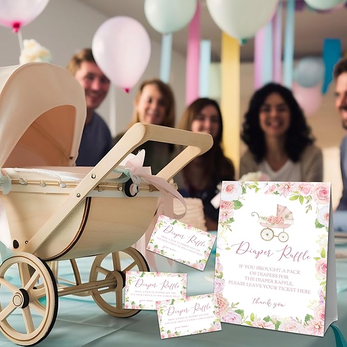 Floral Stroller Diaper Raffle Set For Baby Shower - 50 Raffle Tickets With 1 Standing Sign - Baby Announcement, Gender Reveal Baby Shower Party Decoration Game Set - A05
