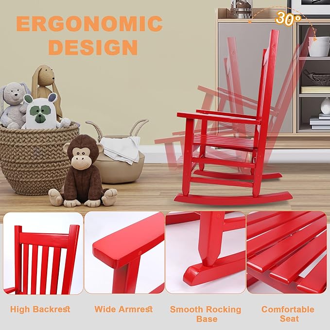 Kids Rocking Chair Set of 2 for Toddlers and Children Comfy Wooden Recliner Rocker for Baby Girls Outdoor Lounge Chair for Kids Age 6-10 Indoor Red