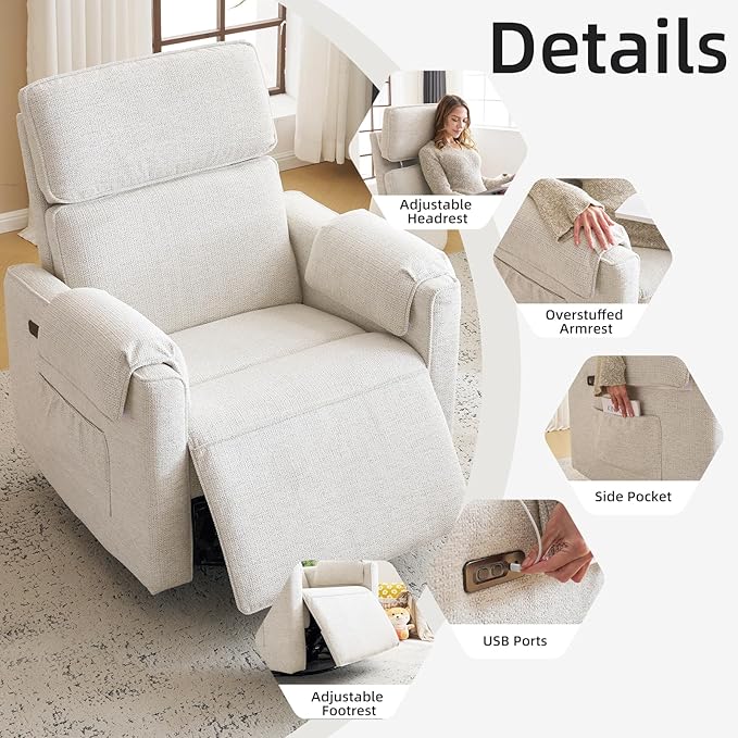 Oversized Power Recliner Chair, 26" Extra Wide Swivel Rocker Recliner with Adjustable Headrest, Chenille Glider Rocking Nursery Chair with Overstuffed Armrest, USB Ports, White