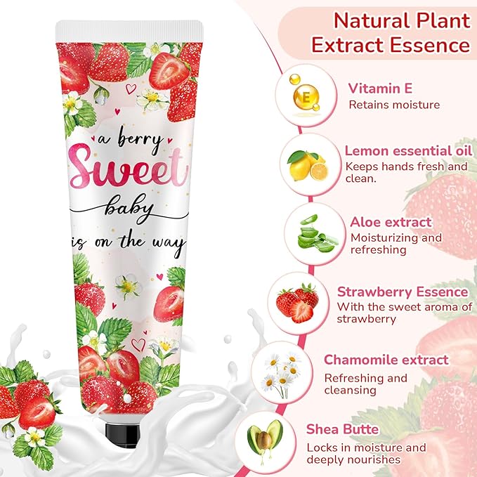 48 Sets Baby Shower Hand Cream Bulk Sweet Strawberry Baby Shower Favors Bridal Thank You Hand Cream for Guests Travel Size Lotion with Organza Bags