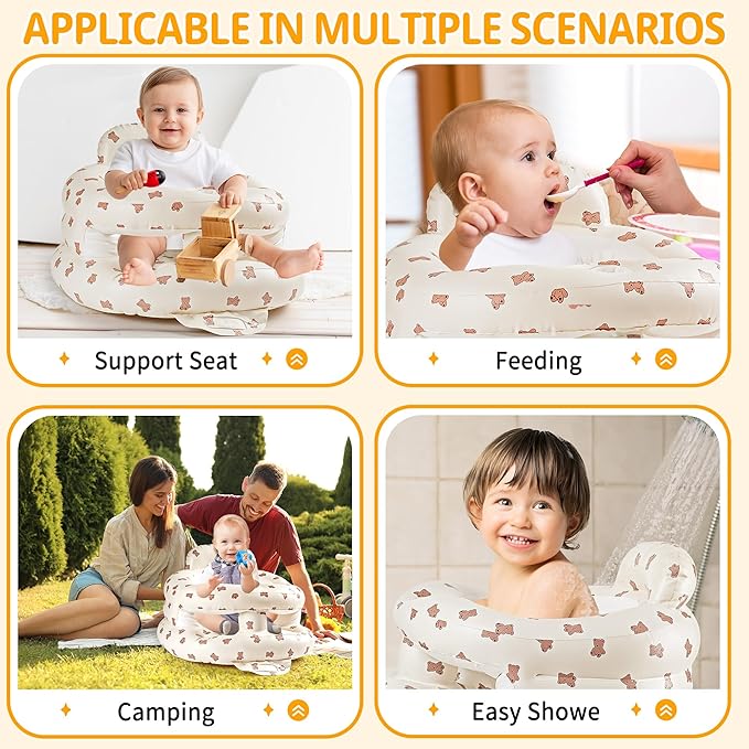 Inflatable Baby Seat for Babies 3-36 Months, Sit Up Chair Built in Air Pump Blow Up Infant Back Support Floor Seat for Bebe 3 Months & Up, Large Space Inflatable Baby Chair (Biscuit Bear-Large)