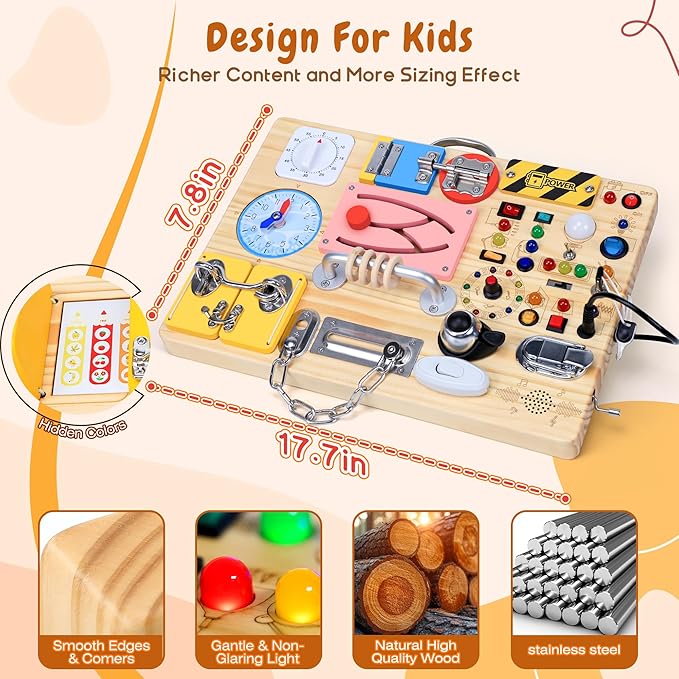 25 in 1 Busy Board with 13 LED Light Switches and 12 Activity, Montessori Toys for 1 2 3 Years Old, Wooden Sensory Board, Toddlers Travel Toys for 1+ Year Old Boy & Girl Birthday Gift（Extra-Large）