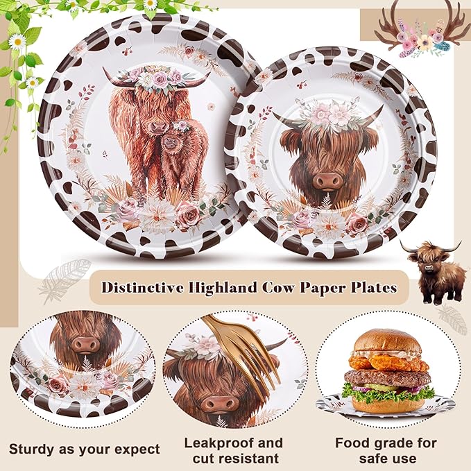 Domensi 200 Pcs Highland Cow Party Supplies for 50 Guests Include 100 Pcs Cow Print Plates 50 Napkins Paper 50 Forks Farm Animal Theme Party Tableware Kit for Birthday Baby Shower Decorations