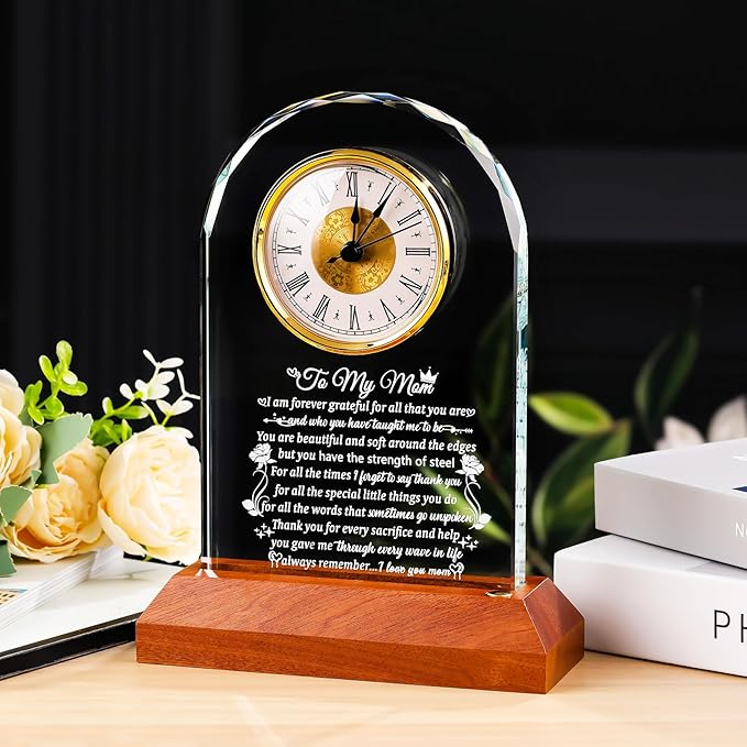 Glass Clock Gifts for Mom from Daughter Son with Wooden Light Base, Personalized Gift for Mom Who Has Everything on Birthday Mother's Day, Present for Mother on Christmas Home Desk Clock