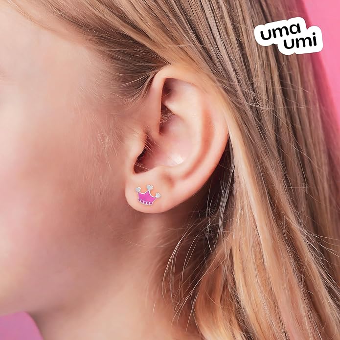 925 Sterling Silver Crown Pink Stud Earrings for Girls Hypoallergenic Safety Screw Back Rhodium Plated - Crown Pink Gifts Earrings for Baby Toddlers Little Teens Kids Jewelry