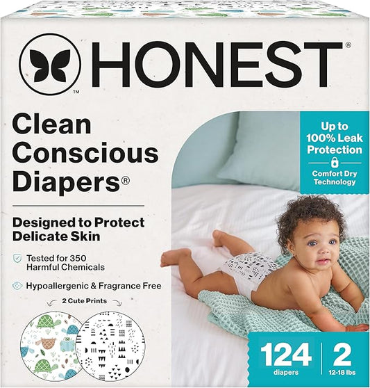 The Honest Company Clean Conscious Diapers for Delicate Skin | Up to 100% Leakproof | Hypoallergenic, Fragrance Free | Gender Neutral | Super Club Box, Size 2 (12-18 lbs), 124 Count (Prints May Vary)