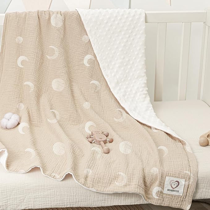 Bearmoss Baby Blankets for Unisex Boys Girls, Soft Nursery Crib Blankets with Muslin Cotton Front and Dotted Fleece Back for Newborns Toddlers 30x40inch (Desert Crescent)