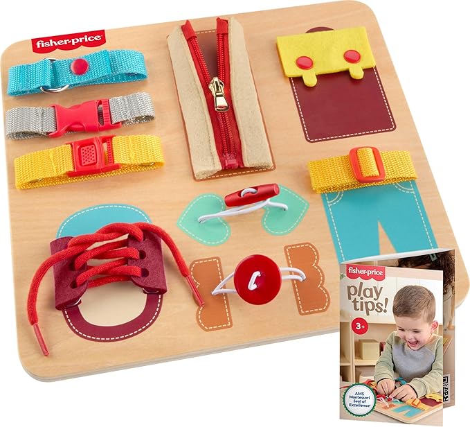 Fisher-Price Wood Montessori Toy Dressing Board, American Montessori Society Seal of Excellence, Early Life Skills Learning Busy Activity for Preschool Kids Ages 3+ Years (Amazon Exclusive)
