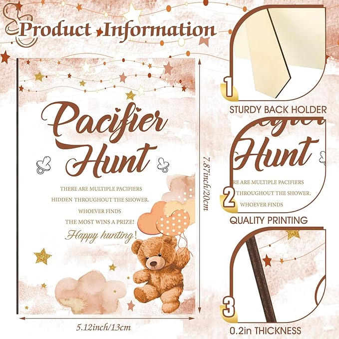 Thyle 51 Pcs Pacifier Hunt Baby Shower Games Include Hunt Sign and 50 Acrylic Pacifiers for Baby Shower Game Decoration Gift Sets Gender Reveal Party Decor(Brown Bear)