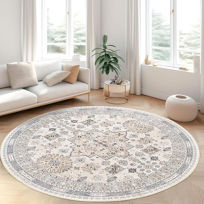 zesthome 8ft Round Rugs for Living Room, Non-Slip Washable Round Area Rugs, Ultra-Thin Large Circle Rugs, Soft Low Pile Rug for Bedroom, Kitchen - Vintage Stain Resistant Round Rug (Beige,8'x8')