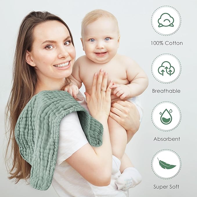 Muslin Burp Cloths 100% Cotton Large 20''x10'' Extra Soft and Absorbent Baby Wash Cloths Spit Up Rags - Baby Burping Cloth for Boys Girls Items(12 Pack Green)