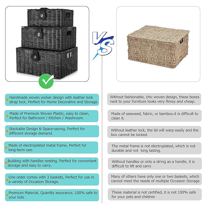 Set of 3 Woven Storage Basket Box Wicker Hamper Stackable Bin with Lid & Lock, Built-in Carry Handles, Organizer for Nursery, Baby Closet, Diaper, Toys, Home, Office, Laundry, DVD (Black)