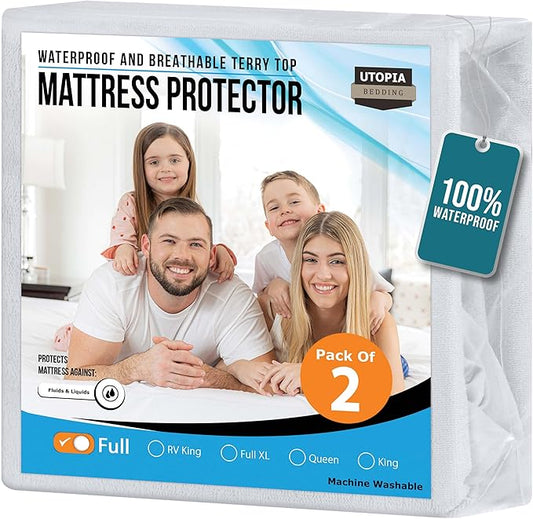 Utopia Bedding Waterproof Mattress Protector Full Size 2 Pack, 200 GSM Breathable Terry Mattress Cover, Fitted Style with Stretchable Pockets (White)