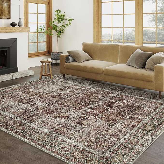 Vintage Area Rug 6x9 Rust Red Washable Living Room Large Carpet Non Slip Bedroom Indoor Office Low Pile Traditional Distressed Retro Accent Rug for Dining Room Kitchen