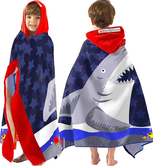 VOOVA & MOVAS Toddler Bath Towels Age 3-10,30''X50, Soft | Thick | Cotton | Oversized Absorbent - Beach | Bath | Pool | Swim Towels for Boys and Girls | Big White Shark