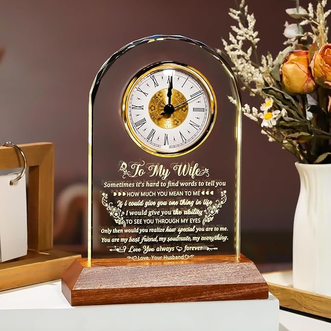 Glass Clock Gifts for Wife from Husband with Wooden Light Base, Personalized Gift for Wife Who Has Everything on Birthday Valentine's Day, Presents for Her on Christmas Home Desk Clock