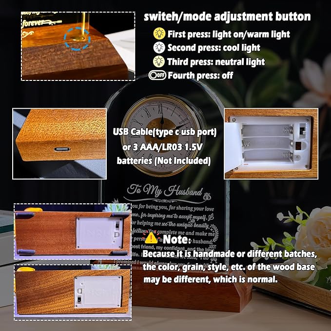 Glass Clock Gifts for Husband from Wife with Wooden Light Base, Personalized Gift for Husband Who Has Everything on Birthday Anniversary, Presents for Him on Christmas Home Desk Clock