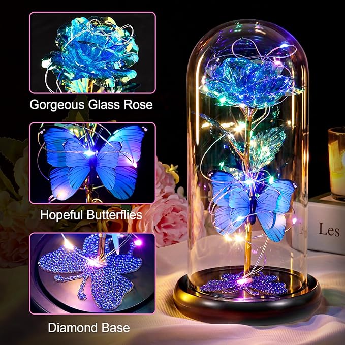 DEEMEI Birthday Gifts for Women Blue Rose Eternal Flower Light Up Rose in Glass Dome with Butterfly, Flowers for Delivery Prime Anniversary Grandma Mom Gift Wife Girlfriend