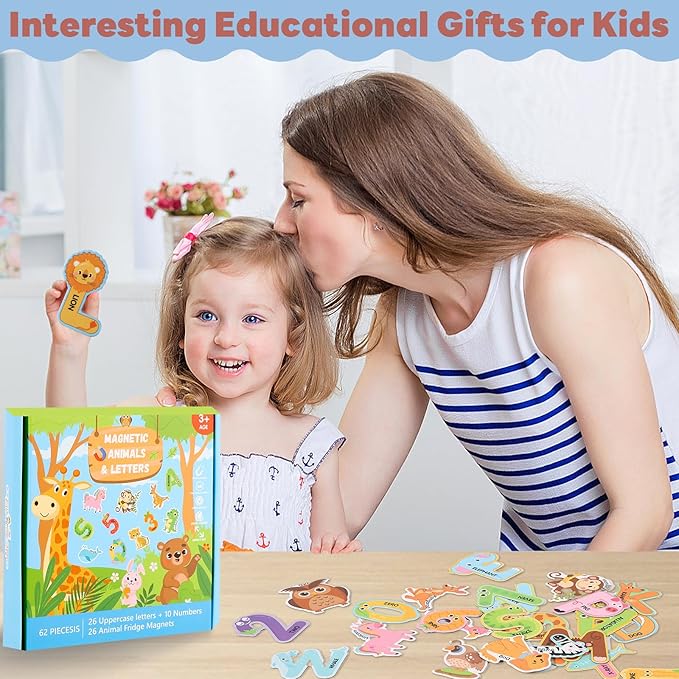 52PCS Fridge Magnets for Kids – 26 Cute Animal Magnets & 26 Magnetic Alphabet Letters, for Toddlers Preschool Fun Educational Learning