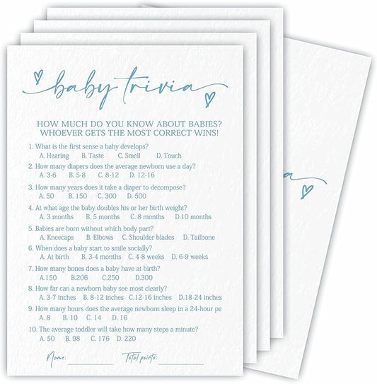 Baby Trivia Game Set For Baby Shower - Minimalism White & Blue - 30 Double-Sided Fill In Style Game Cards & 1 Answer Card For Gender Reveal, Baby Announcement, Party Favor & Supplies - C02