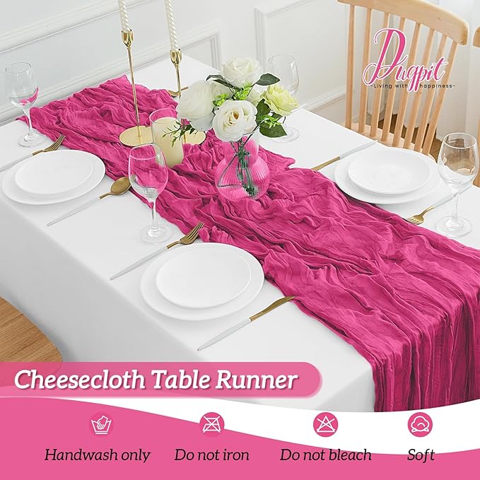 12Pack Hot Pink Cheesecloth Table Runner 35x120Inch Spring Easter Cheese Cloth Table Runner 10FT Boho Gauze Table Runners Rustic Sheer Table Runners for Wedding Bridal Shower Baby Shower Party Decor