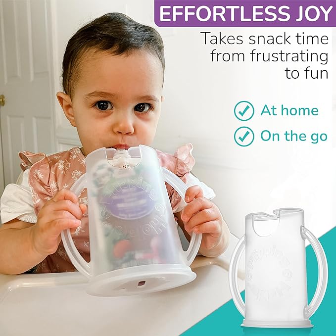 Squeeze Proof Pouch Holder (2-Pack with lids) for Food Pouches & Juice Boxes - Multipurpose - Prevent Messes & Support Self-Feeding - Easy Grasping Handles - Made in USA