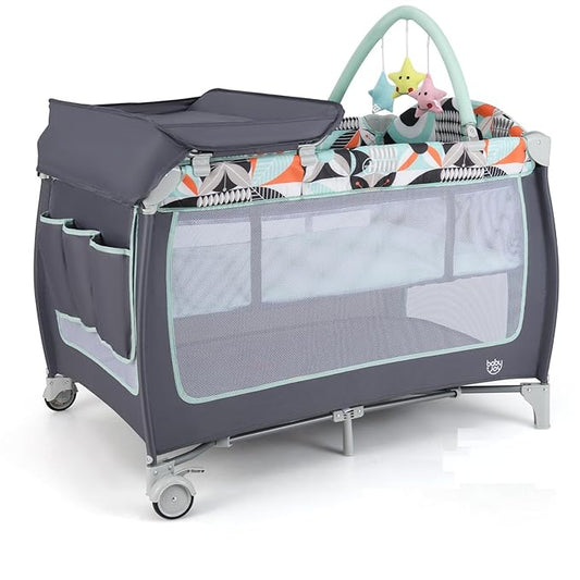 BABY JOY 4 in 1 Pack and Play, Portable Baby Playard with Bassinet, Side Zipper Door, Changing Table, Indoor Outdoor Travel Nursery Center w/Toy Bar, Lockable Wheels, Carry Bag