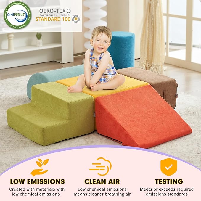 jela Kids Foam Climbing Blocks 6Pcs Soft Play Equipment Miss Fabric, Toddler Climbing Toys Indoor Soft Play Climbing Set, Lightweight Climbing Blocks for Toddlers, Crawling Foam Playset (Colorful)