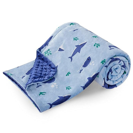 DaysU Silky Micro Soft Plush Baby Blankets for Boys and Girls with Print Animal Pattern and Soothing Raised Dots, Double Layer Bed Throws for Toddler Cot, Shark Whale, Blue, 50x60 Inches