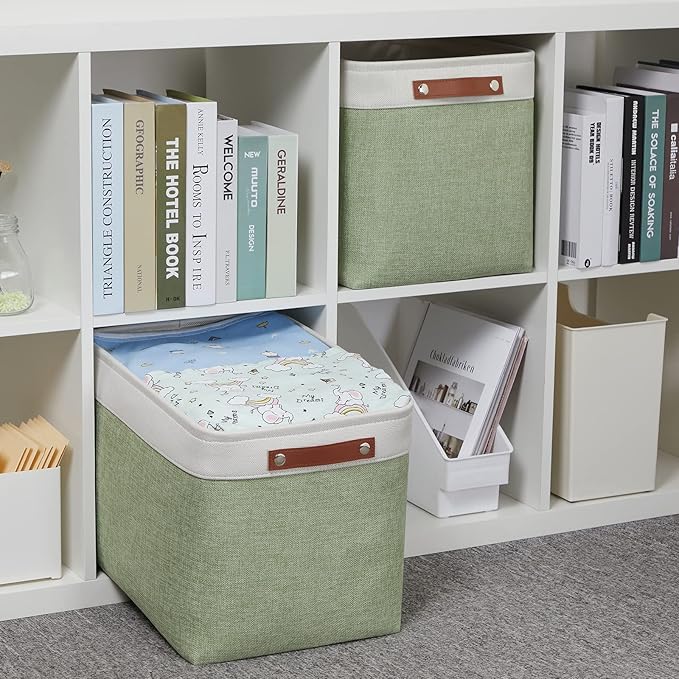 HNZIGE Large Fabric Storage Baskets with Leather Handles, Decorative Foldable Baskets for Organizing Closet & Home (Green, 16" x 11.8" x 11.8" - 2 Pack)