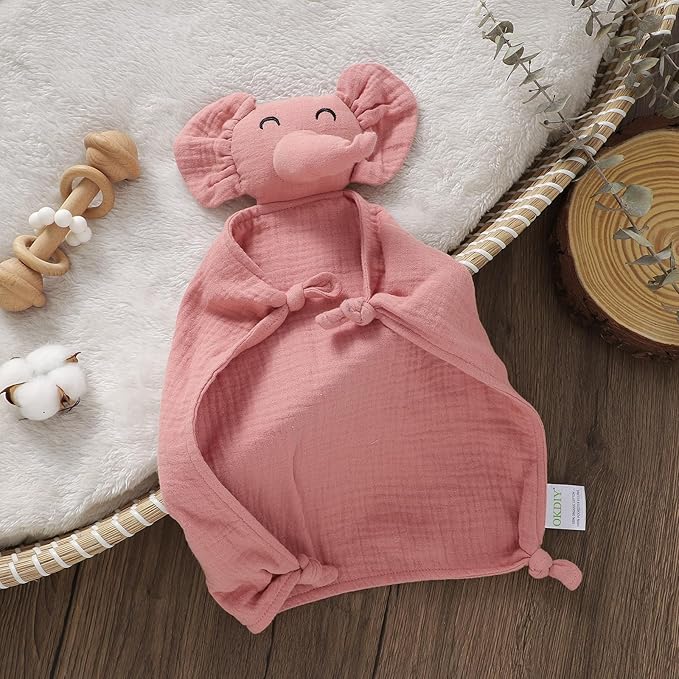 Organic Elephant Lovey, Muslin Security Blanket for Babies, Elephant Baby Stuffed Animal, Snuggle Toy, Gift for Boys and Girls (Pink)