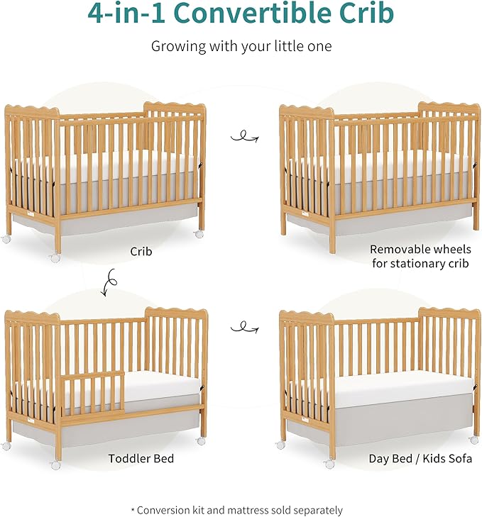 4 in 1 Convertible Baby Crib, Wooden Nursery Cribs Converts into Toddler Bed and Daybed, 3 Adjustable Base, Non-Toxic Finishes, Removable Wheels (Natural)