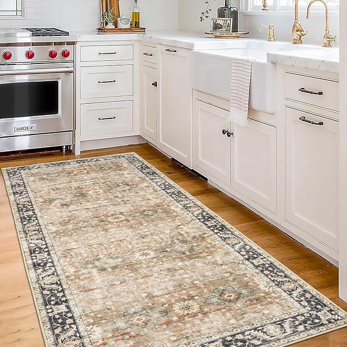 ReaLife Rugs Machine Washable Area Rug Runner - Living Room Bedroom Bathroom Kitchen Entryway - Padded Low Pile Stain Resistant Premium - Boho Farmhouse Vintage - BEV - Beige Tan Brown 2'6" x 6'