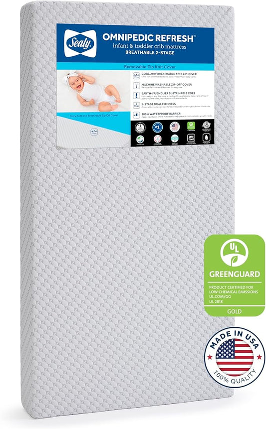 SEALY BABY OmniPedic Refresh Breathable Crib Mattress, GREENGUARD Gold Certified, Made in USA, Removable Knit Cover, 2 Stage, Toddler Bed Fit, Safety & Quality Tested, 52x28