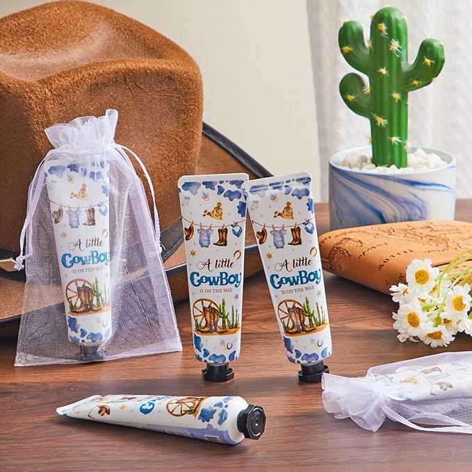 48 Sets Baby Shower Hand Cream Bulk Cowboy Baby Shower Favors Bridal Thank You Hand Cream for Guests Travel Size Lotion with Organza Bags