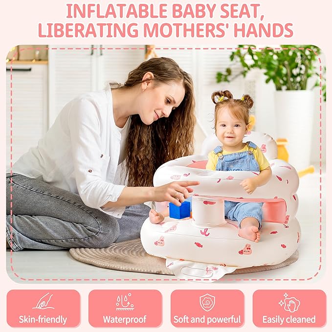 Inflatable Baby Seat with Full Enclosure, Comfortable Sit Me Up Baby Chair for Learning to Sit, Built in Air Pump Blow Up Infant Back Support Floor Seat for Babies 3 Months & Up (Bunny)