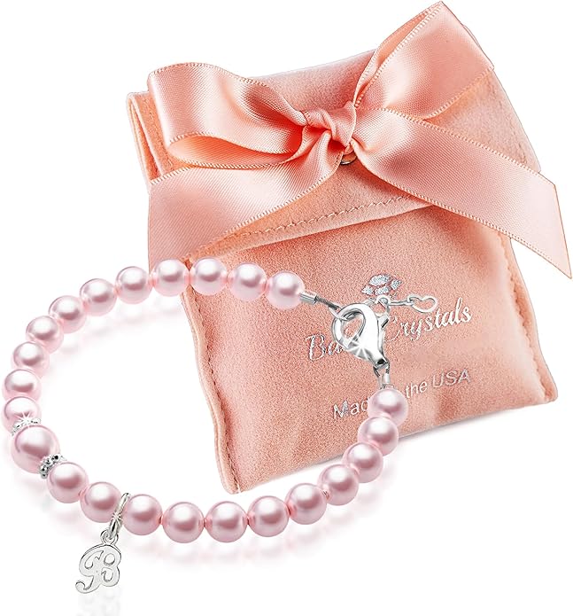925 Sterling Silver Daisy Initial Bracelet, Pink Pearl Charm Bracelet with A-Z Letter Charms, Personalized Baby jewelry, Baptism Gifts for Girl, Birthday Gifts, Bracelets for Girls