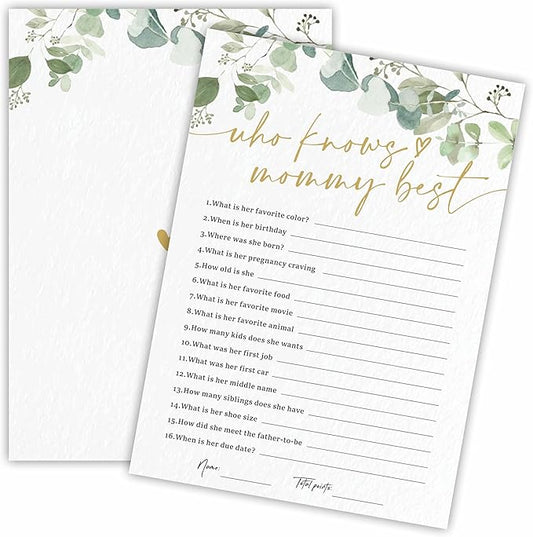 Who Knows Mommy Best Baby Shower Game Cards - Golden Greenery - 30 Double-Sided Fill In Style Game Cards For Gender Reveal, Baby Announcement, Party Games & Activity - D07