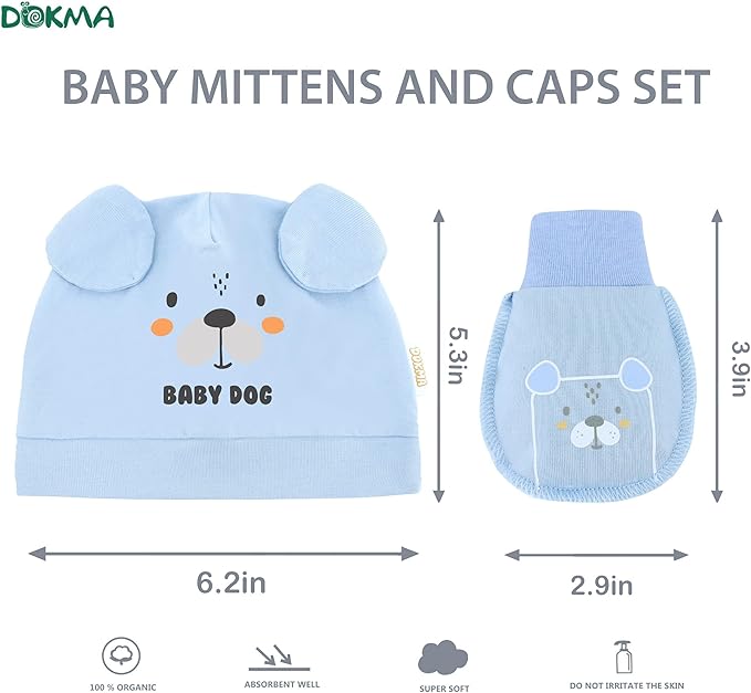 DOKMA Organic Cotton Baby Mittens and Caps Set with Adorable Bear Design for Newborn 0-6 Months, No Scratch, Ultra Soft - 5 Caps x 3 Mittens, Cute Blue