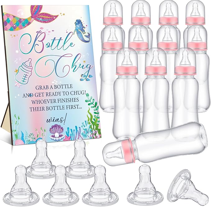 TrelaCo Mermaid Cool Baby Shower Games Bottle Chug Sign Wooden Mermaid Theme Gift Sets Gender Reveal Party Favors and 12 Pcs Baby Bottle Shower Favor for Games Gender Reveal