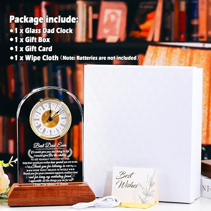 Glass Clock Gifts for Dad From Son Daughter with Wooden Light Base, Personalized I Love You Gift for Dad Who Has Everything on Birthday Father's Day, Presents for Daddy on Christmas Home Desk Clock