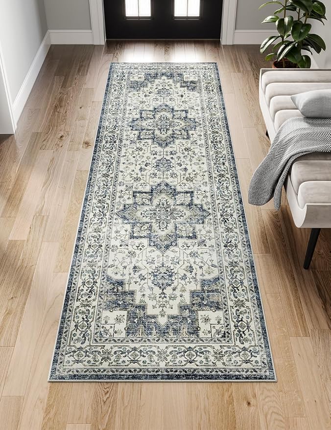 Dripex Runner Rug-2x6 Washable Distressed Hallway Oriental Medallion Carpet Runner Non-Slip Non-Shedding Kitchen Mat Foldable Thin Entry Throw Area Rug for Living Room Bedroom