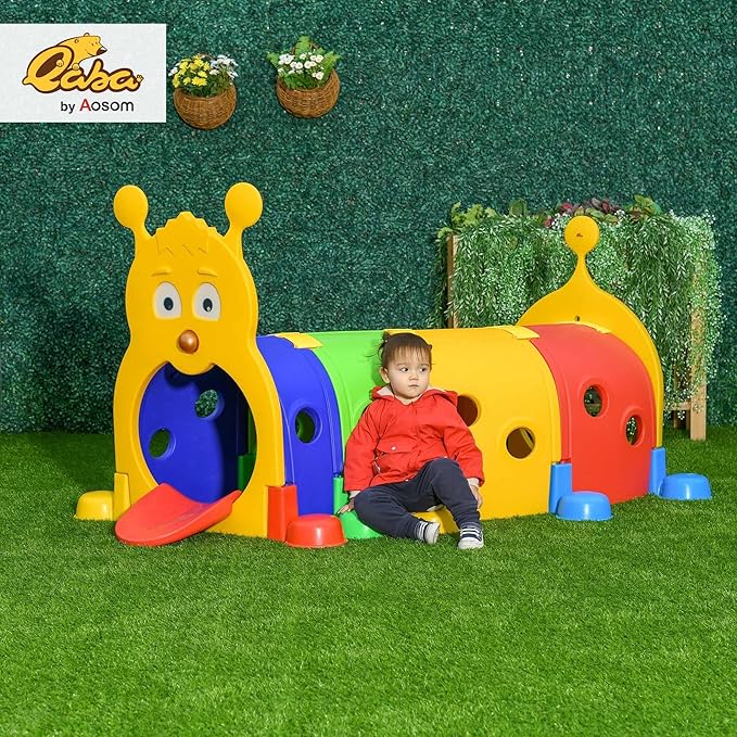Qaba Caterpillar Tunnel, Toddler Tunnel for Kids Crawl and Climb Through, Kids' Play Structure Indoor Outdoor, 4 Sections, Multicolored