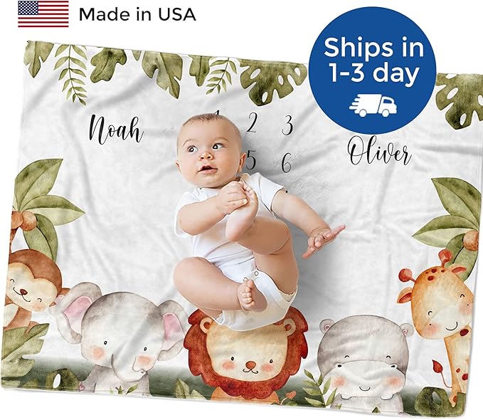 MDPrints Global Personalized Twin Milestone Blanket, Custom Monthly Baby Blankets with Name for Boys and Girls, 30x40 & 50x60inch Soft Plush Fleece (Safari 541)
