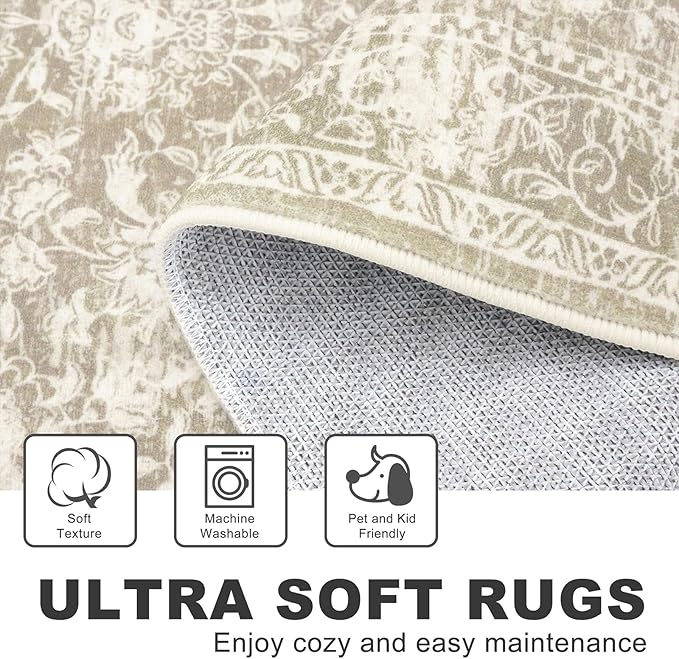 KILOCOCO Hallway Runner 2x5 Kitchen Runner Rug Printed Vintage Floral Washable Non-Slip Runners for Hallways Laundry Room Rugs Distressed Boho Rug for Bedroom, Beige
